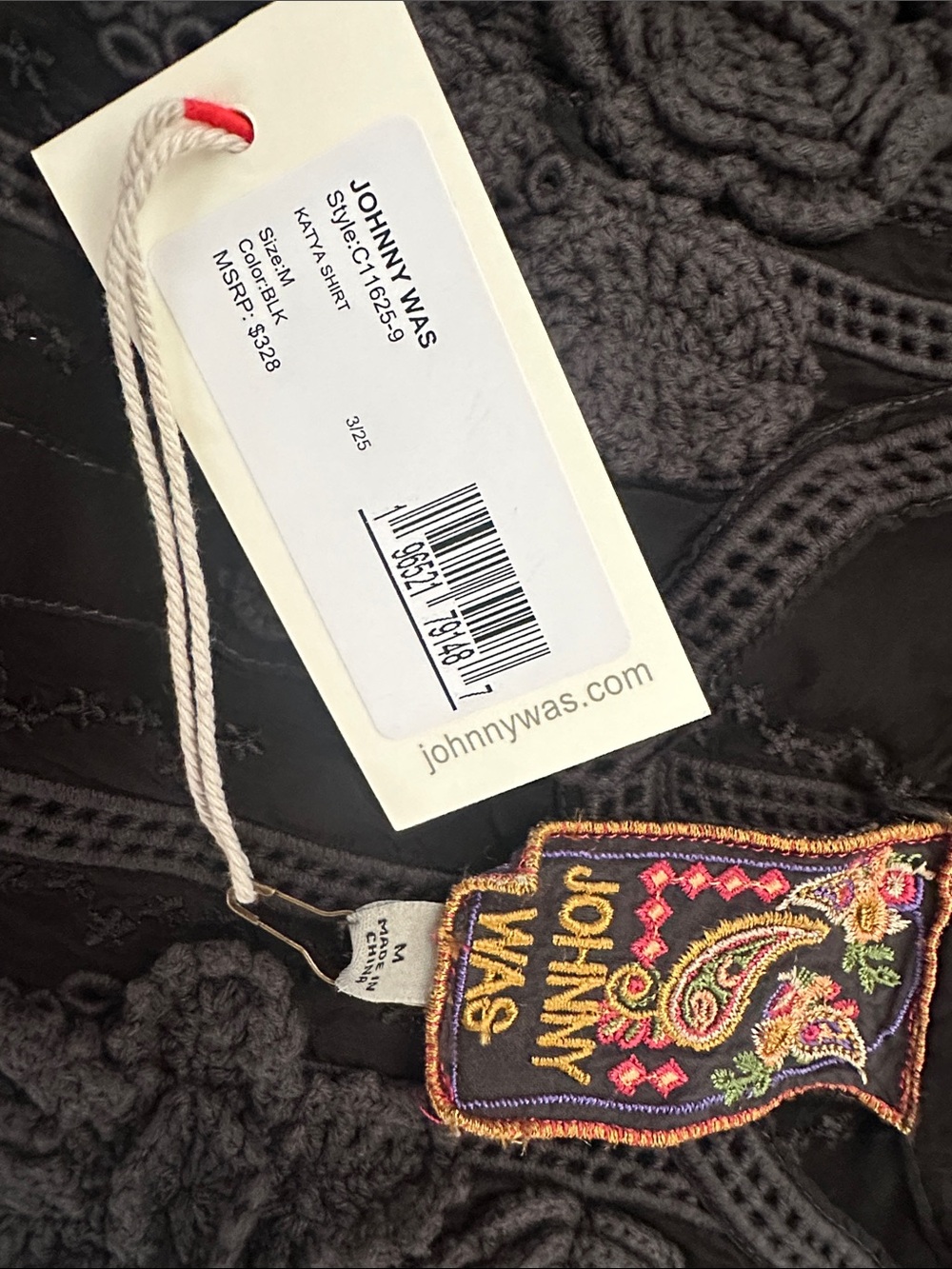Johnny Was Katya Shirt Black Embroidery Crochet Flowers Flare Button Up sz Med - Picture 10 of 11